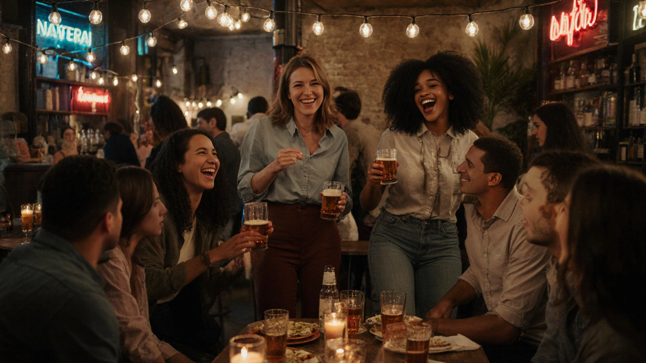Des couples divers se retrouvent dans un loft moderne pour une soirée décontractée avec musique et tapas.