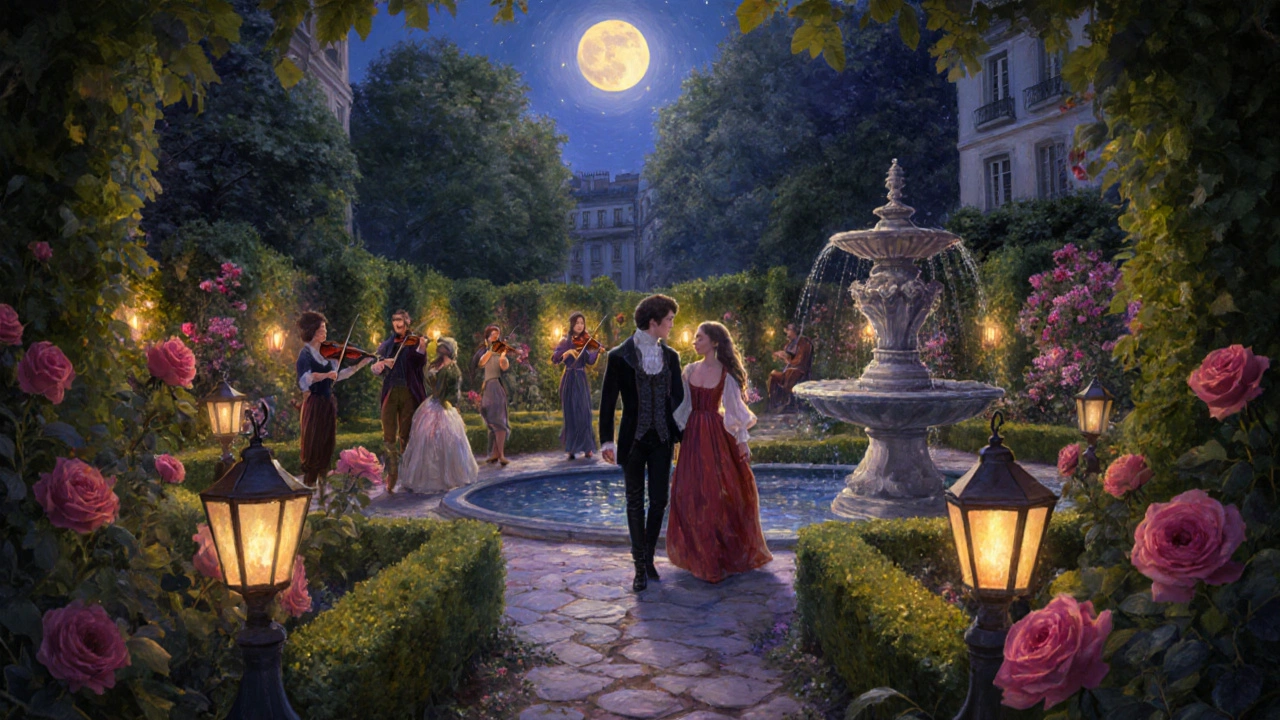 Des couples en costumes historiques se promènent dans un jardin secret illuminé la nuit.