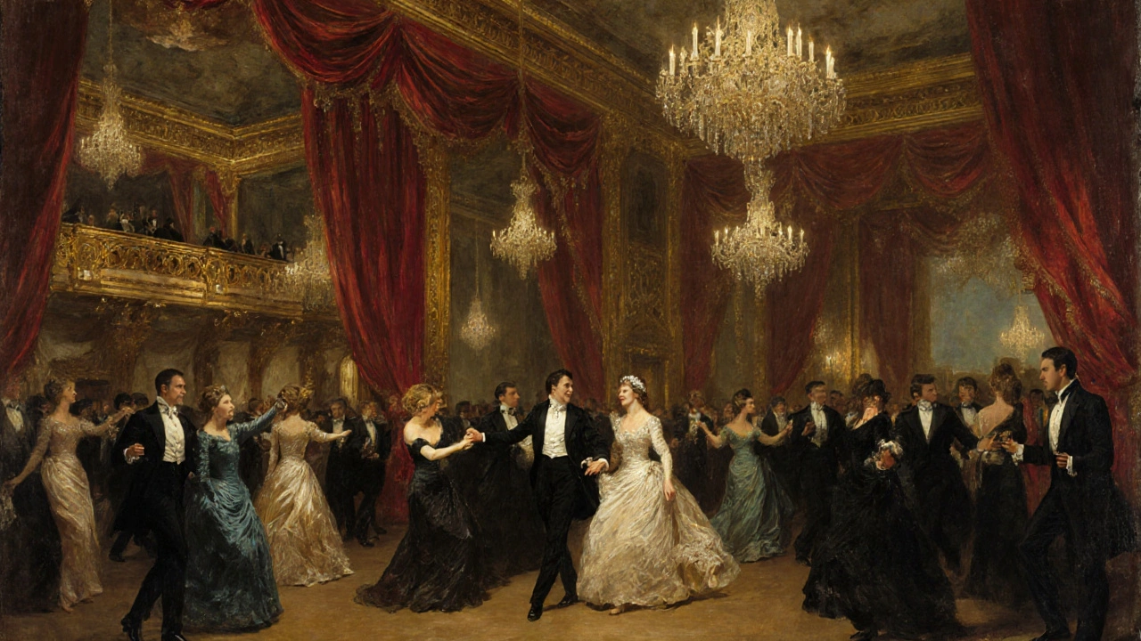 Des couples en tenue de soirée dansent avec retenue lors d&#039;un bal annuel dans un théâtre de Montmartre, lumières douces et élégance.