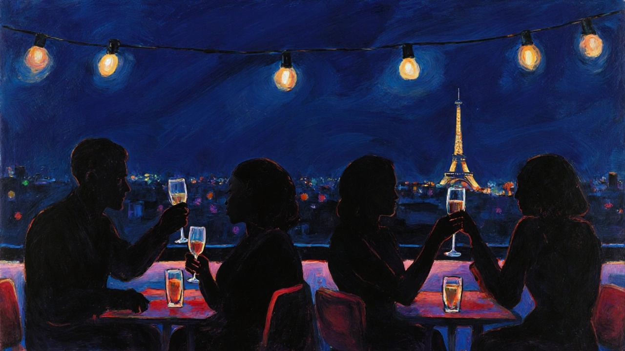 Des silhouettes à Le Perchoir, une main effleure doucement un poignet sous les lumières de la ville, nuit parisienne apaisante.