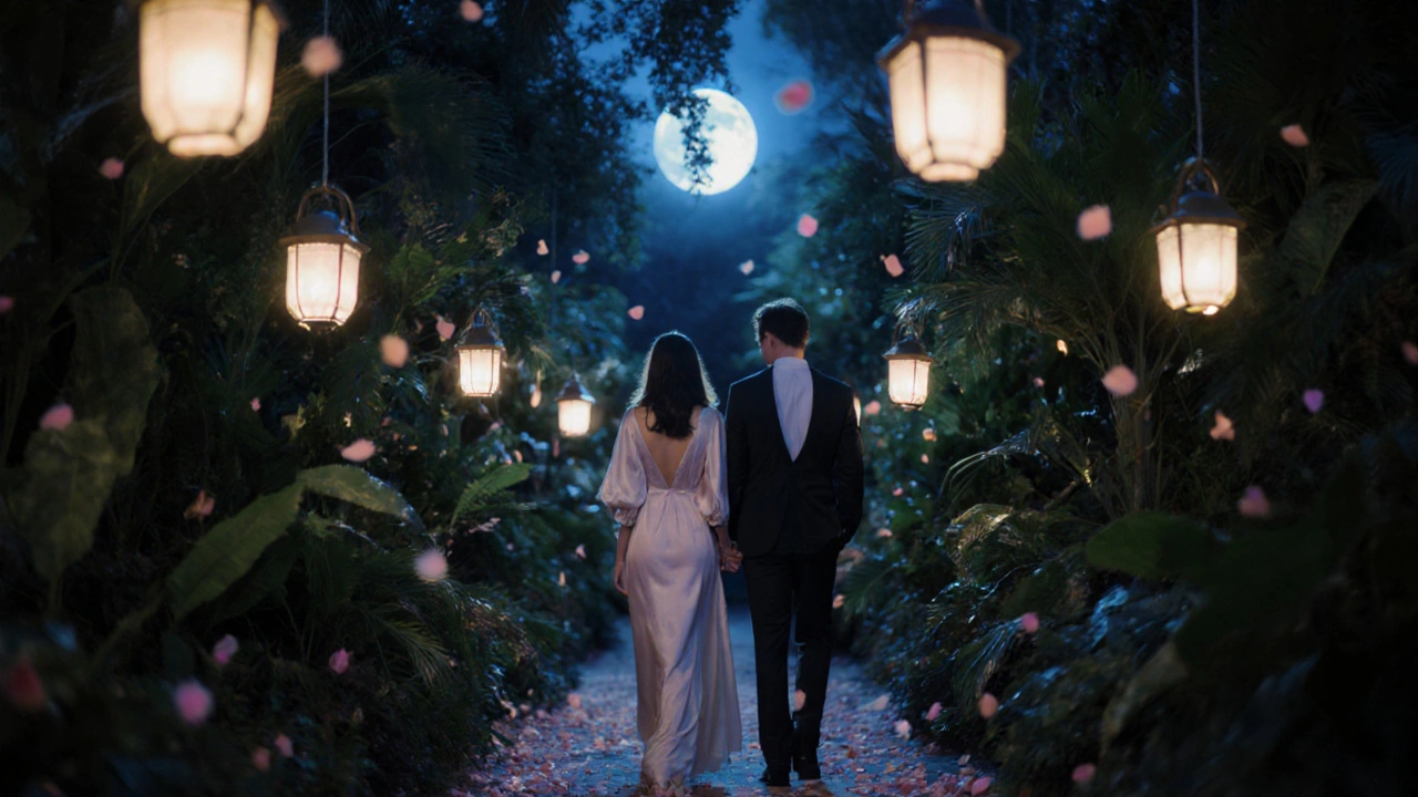 Des silhouettes de couples se promènent sous des lanternes dans un jardin tropical éclairé par la lune.