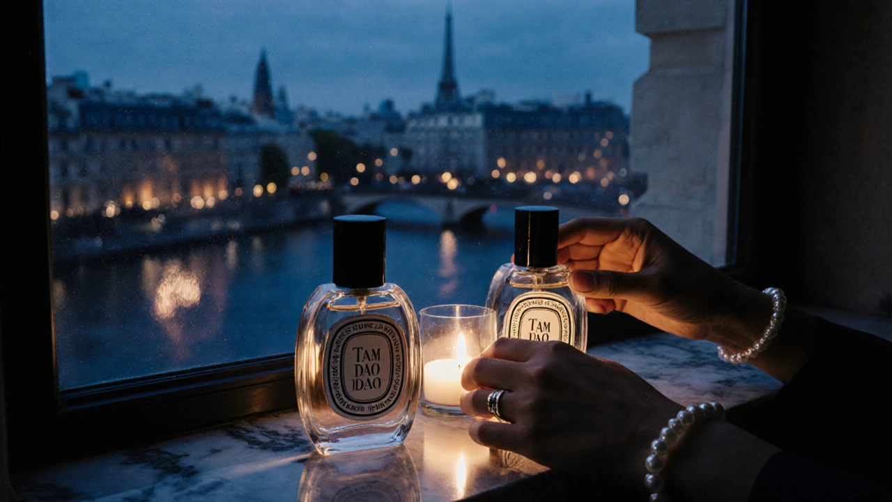 Deux flacons de parfum identiques posés sur un rebord de fenêtre, l&#039;un avec une bague de mariage.