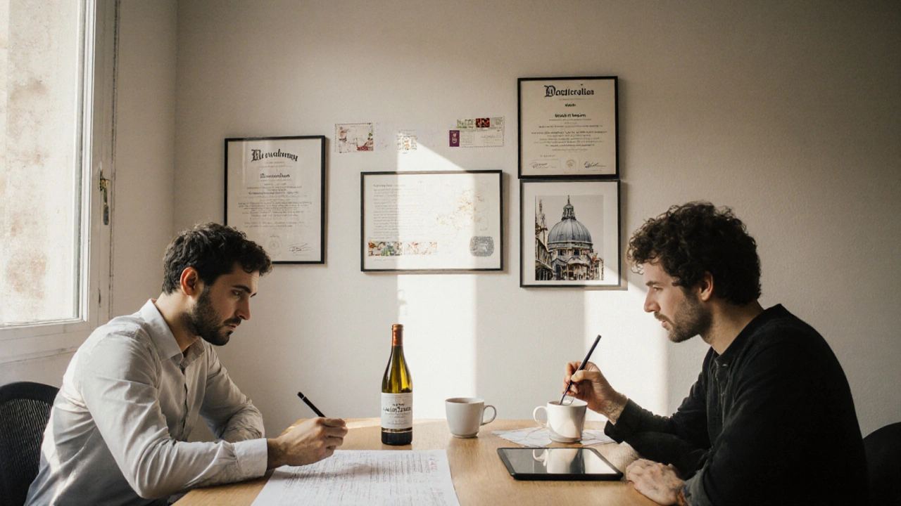 Deux partenaires dans un studio à Lyon, collaborant sur un projet avec preuves visuelles de réussite.