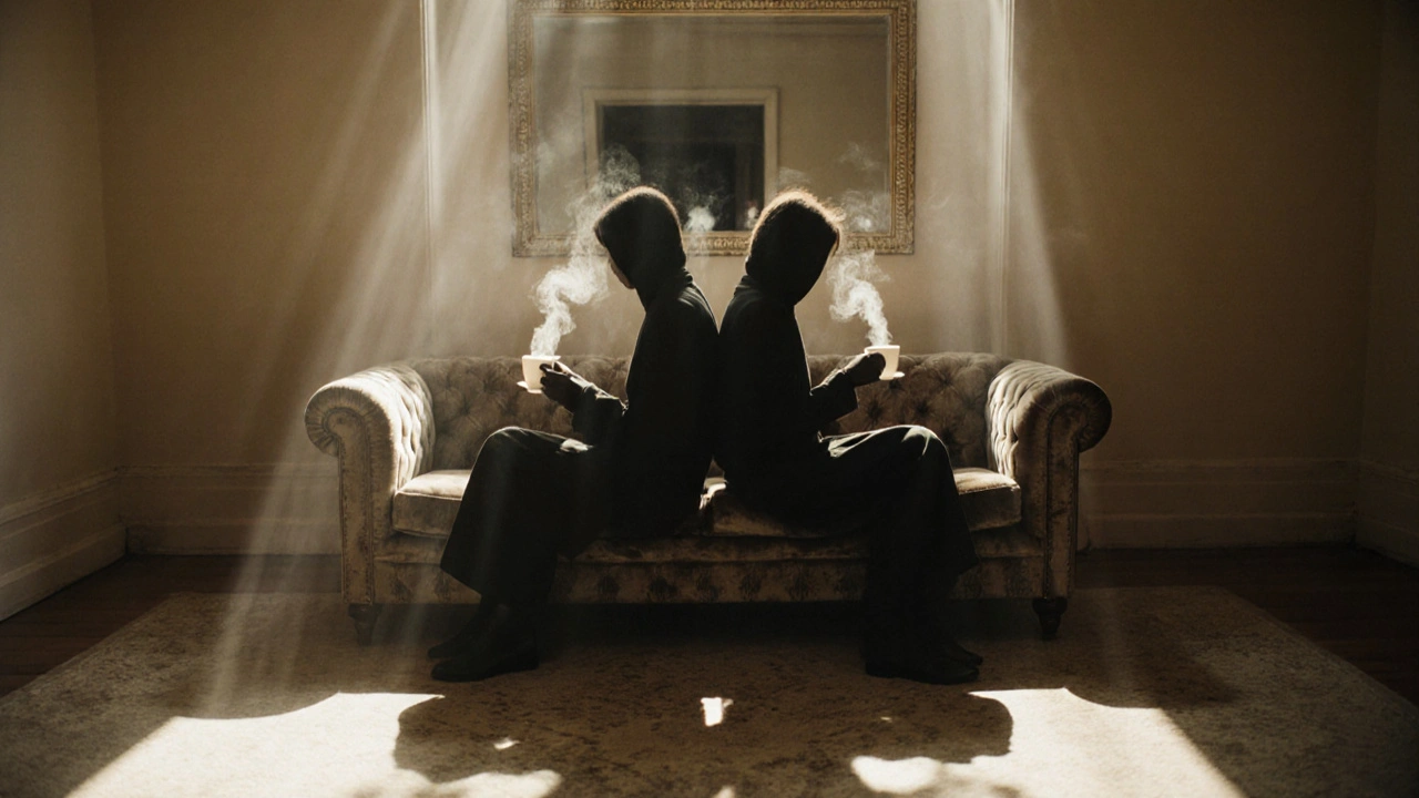 Deux personnes assises dos à dos dans une pièce calme, leurs reflets absents dans un miroir.