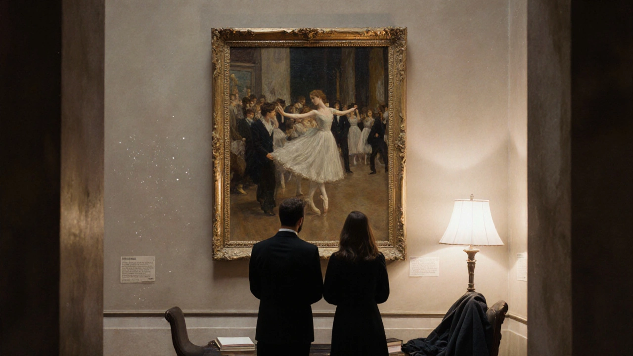 Deux personnes devant une toile de Degas au Musée d&#039;Orsay, à la fermeture, dans la pénombre.