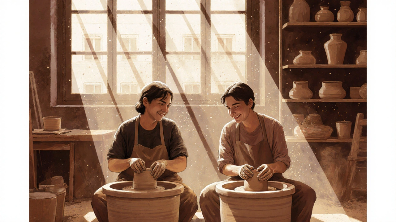 Deux personnes en atelier de céramique, les mains dans l&#039;argile, lumière du jour et pièces en cours de fabrication.