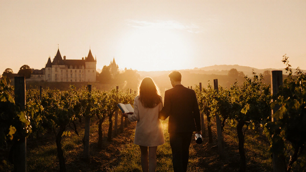 Deux personnes marchant lentement dans un vignoble à la tombée de la nuit, partageant un moment silencieux.