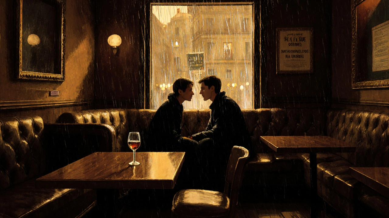 Deux personnes qui se regardent dans un bar sombre au bord de la Seine.