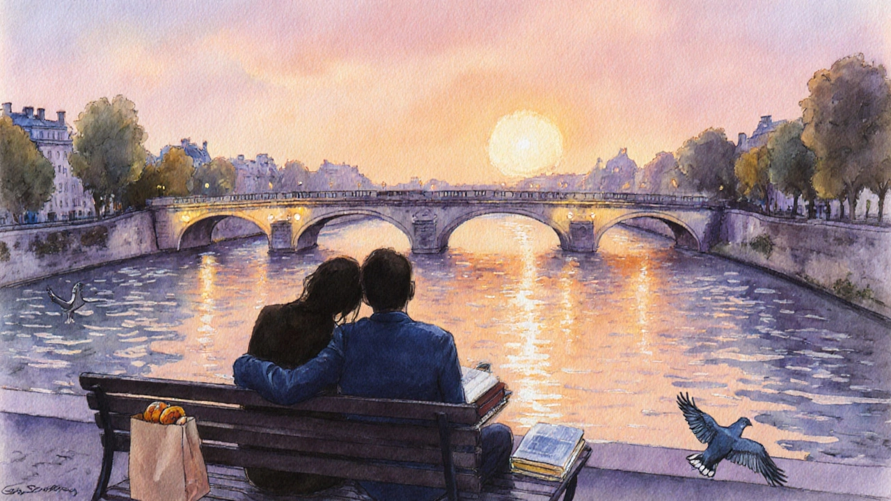 Deux silhouettes assises en silence sur un banc au bord de la Seine au coucher du soleil, dans une ambiance paisible et poétique.