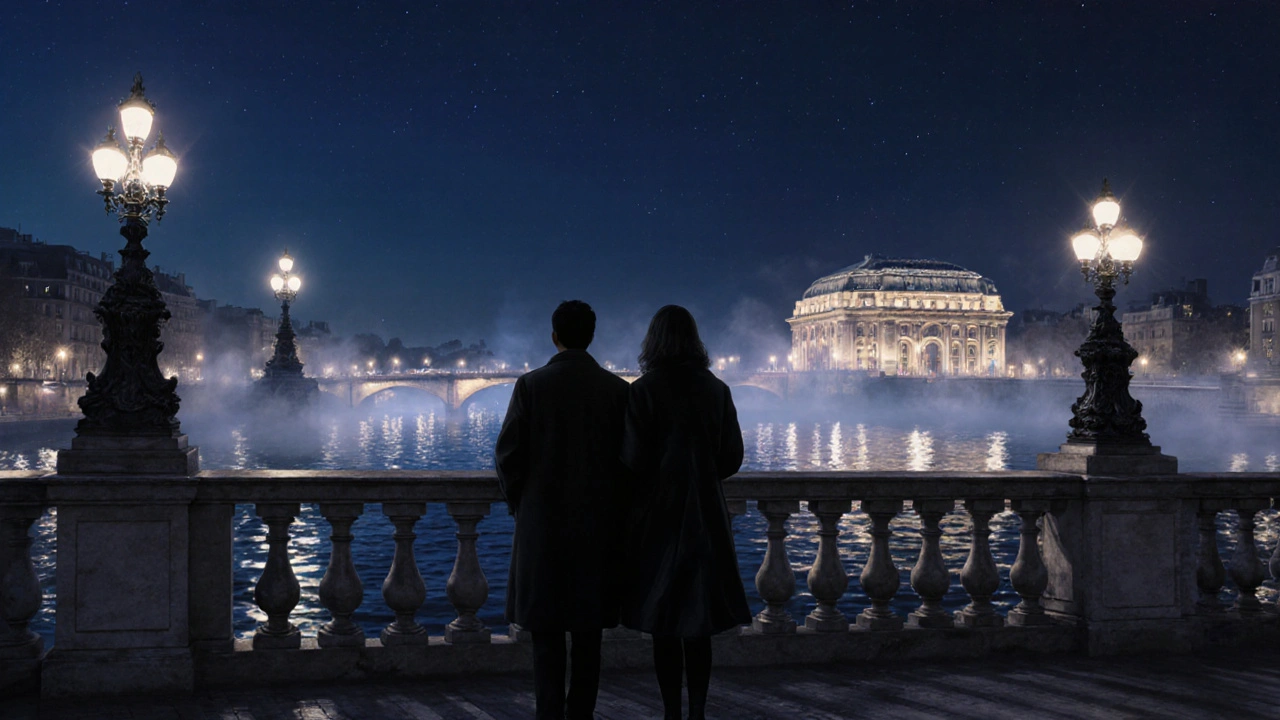 Deux silhouettes sur le pont Alexandre III, regardant les reflets de la Seine dans la nuit.