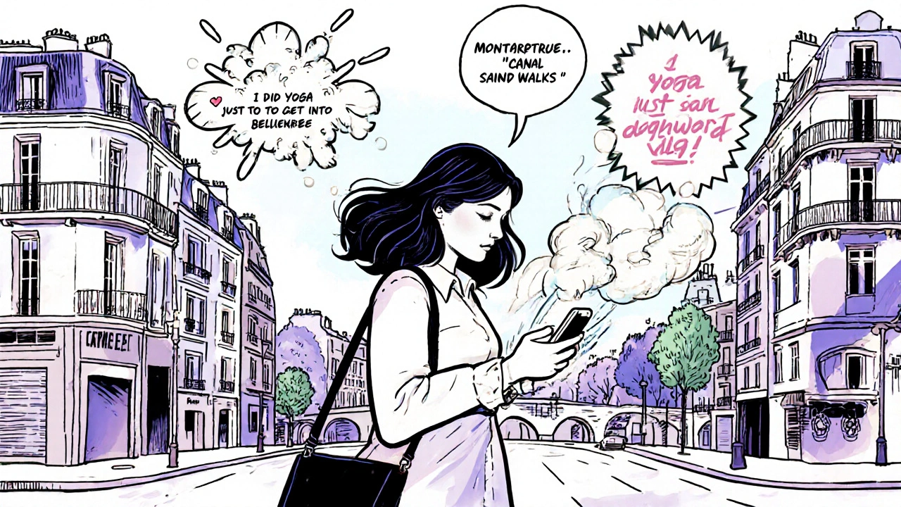 Femme défilant sur ses apps de rencontre à Paris, des bios clichés explosent en fumée, une bio originale brille.