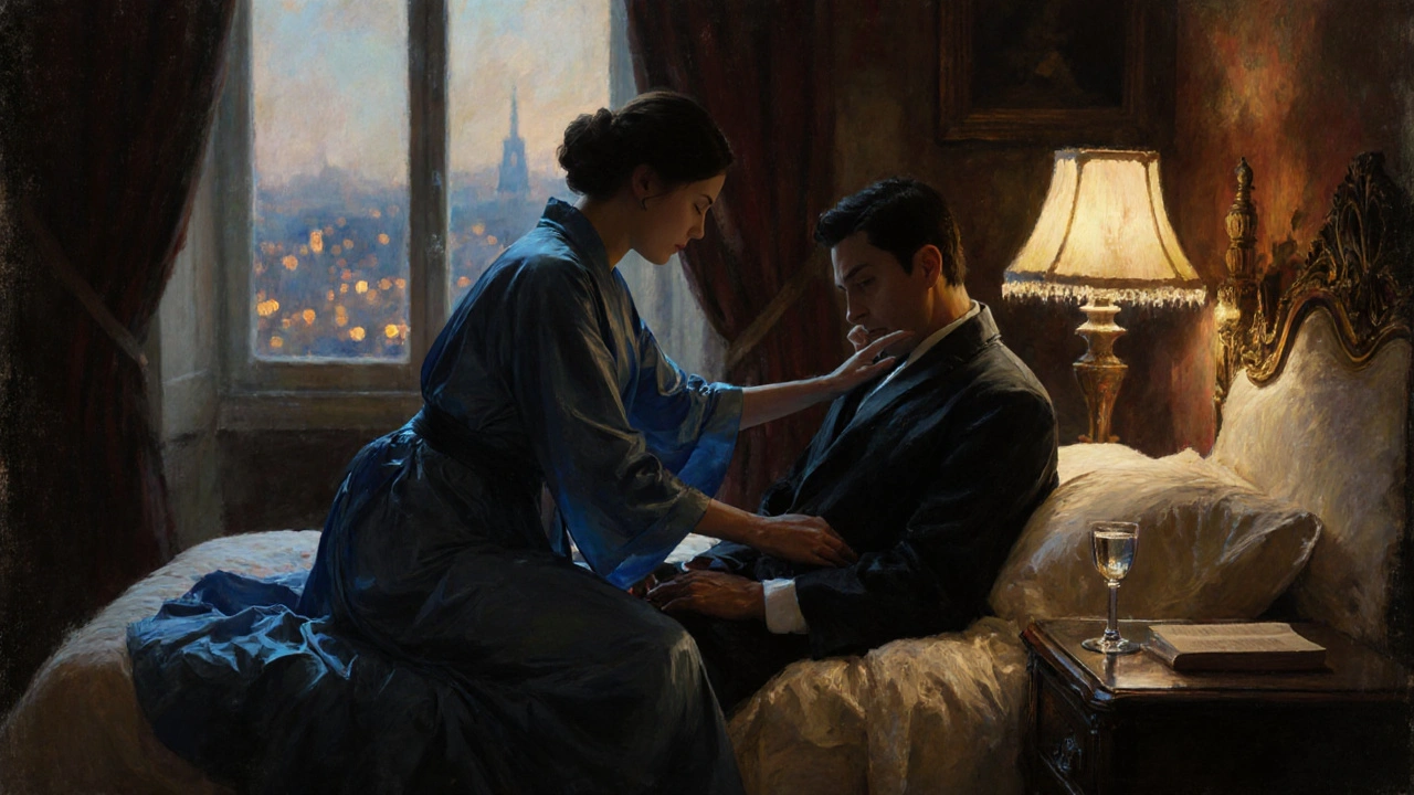 Femme en robe de soie bleue posant la main sur l&#039;épaule d&#039;un homme assis sur un lit, dans une chambre élégante et paisible.