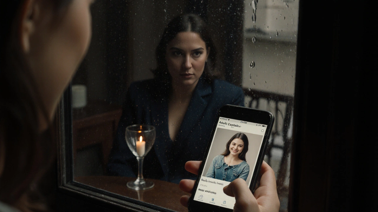 Femme regardant une annonce réelle sur son téléphone dans un appartement parisien de nuit.