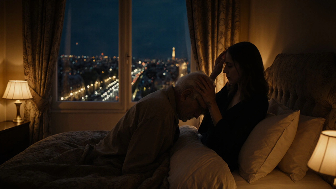 Homme âgé et femme en silence, main sur le front, ambiance apaisante et chandelles.