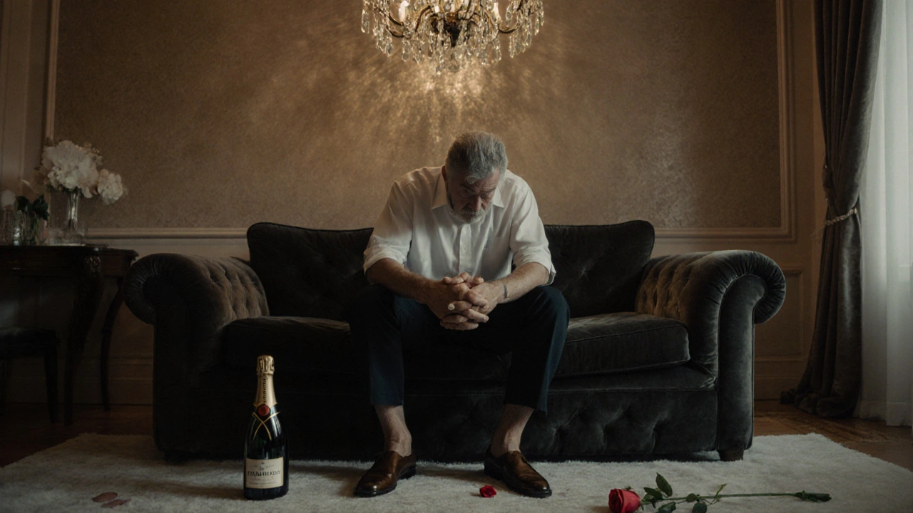 Homme âgé seul sur un canapé, larmes aux yeux, dans une suite d&#039;hôtel haut de gamme.