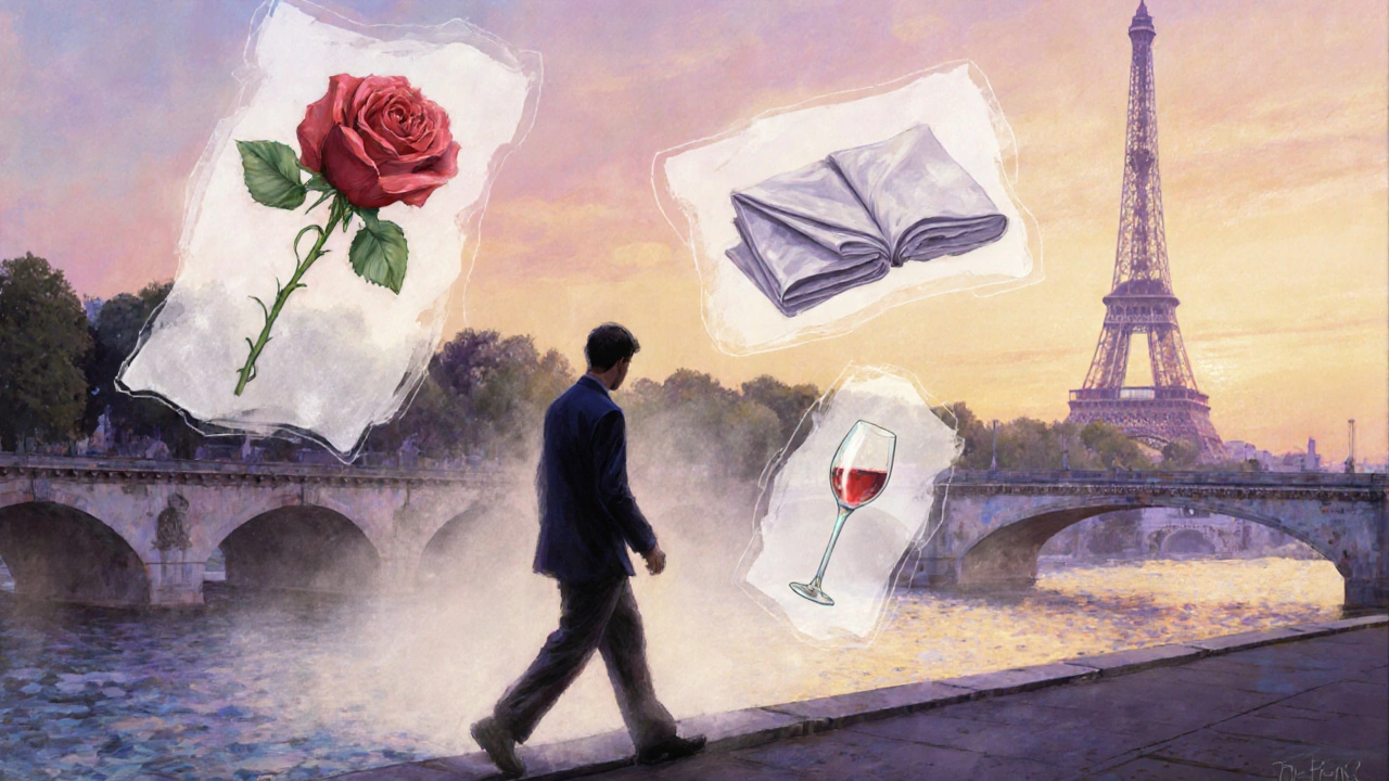 Homme marchant au bord de la Seine au lever du jour, symbole de renaissance intérieure.