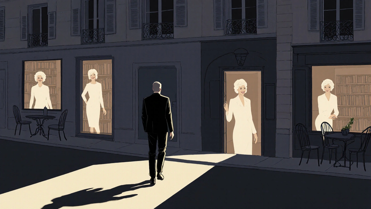 Homme marchant dans les rues de Croix-Rousse, des silhouettes féminines discrètes apparaissent autour de lui.