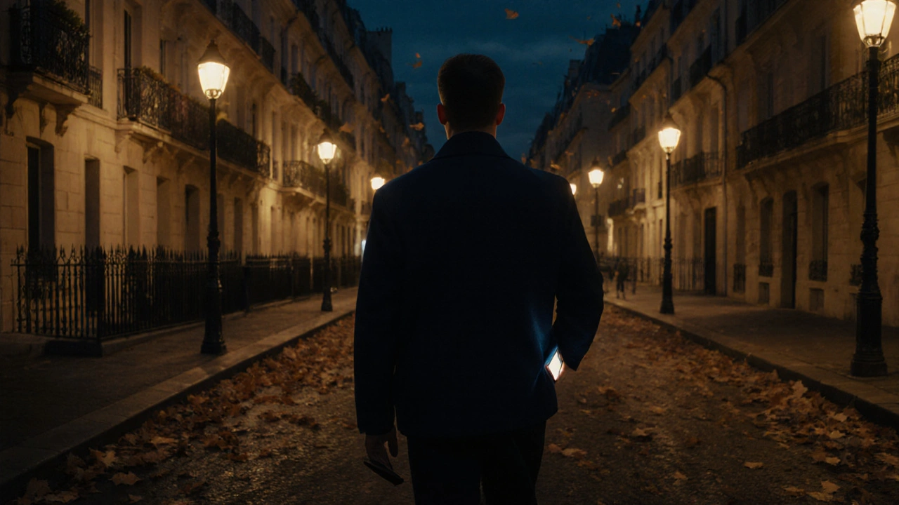 Homme marchant la nuit dans un quartier élégant de Paris, silhouette éclairée par des lampes.
