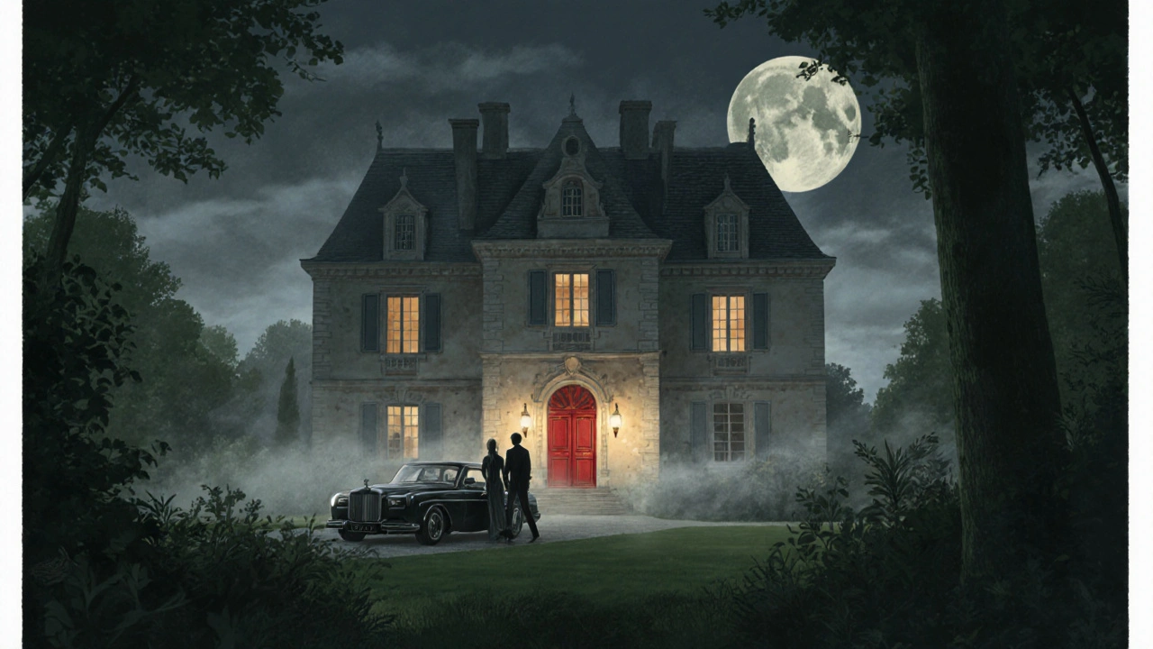 Manoir discret dans la banlieue de Paris, une couple arrive en voiture la nuit.