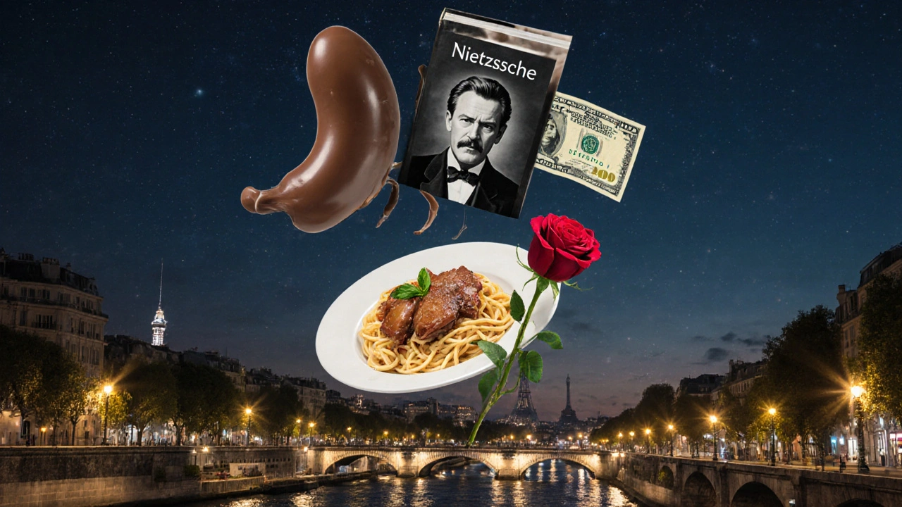 Paysage nocturne de Paris où des objets symboliques flottent au-dessus de la Seine, représentant les désirs complexes du dating moderne.