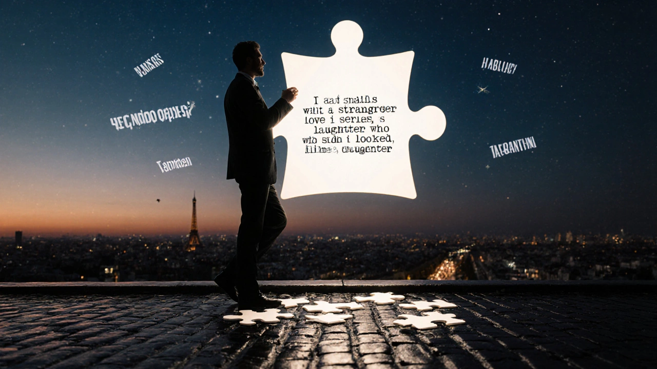 Pièce de puzzle en forme d&#039;homme flottant au-dessus de Paris, les mots clichés tombent, une bio unique brille.