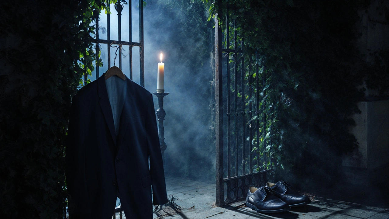 Porte close ornée de lierre, une bougie allumée de l&#039;autre côté, chaussures et veste posées à l&#039;entrée, symbole de discrétion et d&#039;intimité.