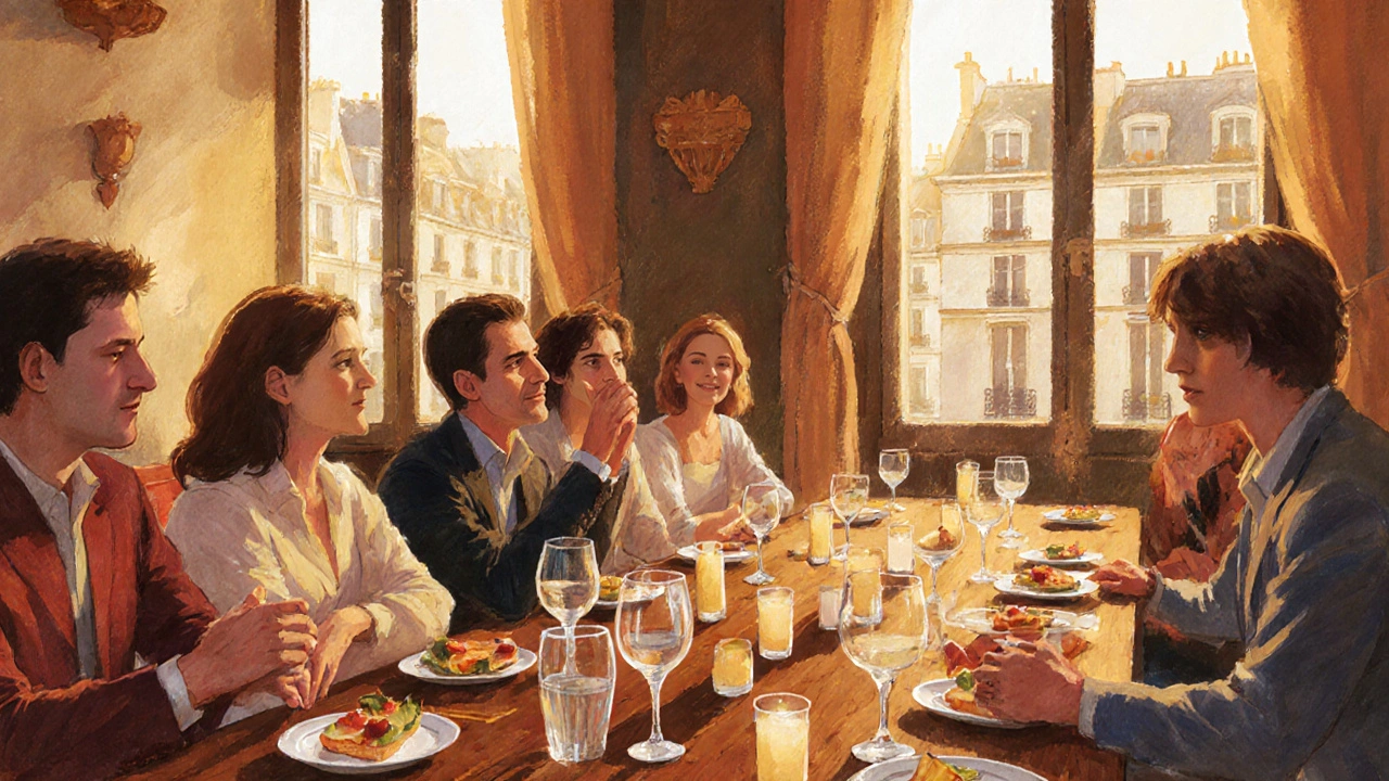 Réunion de bienvenue dans un salon parisien, couples assis autour d&#039;une table avec vin et bougies, atmosphère chaleureuse et apaisante.