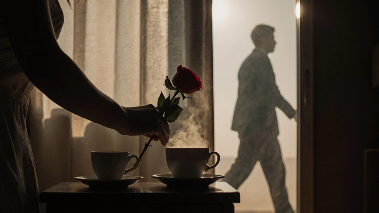 Rose posée sur une table de chevet avec une tasse de café fumante, lumière du matin et absence silencieuse.