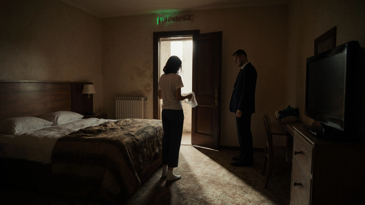 Silhouette d&#039;une femme dans une chambre d&#039;hôtel bon marché, dos tourné, lumière froide.