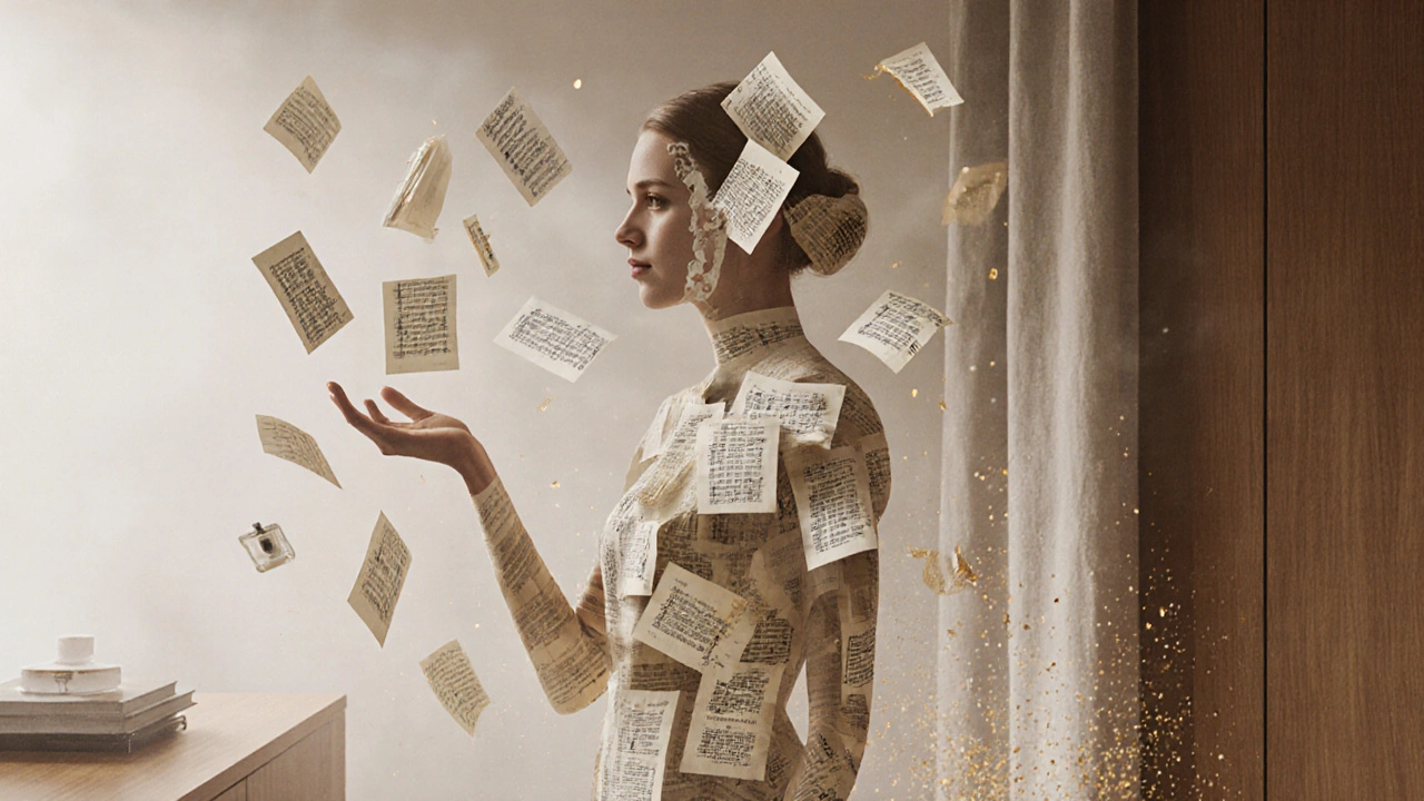Silhouette féminine abstraite composée de livres, notes de musique et parfum, symbolisant la connexion humaine.