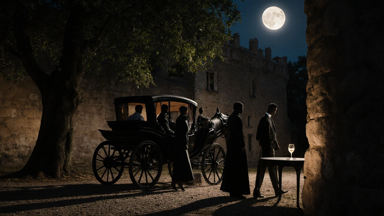Silhouettes de visiteurs arrivant en calèche à nuit tombée dans les jardins du château de Vincennes.