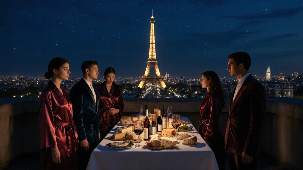 Soirée sur le toit de Paris avec vue sur la Tour Eiffel, couples en tenues élégantes.