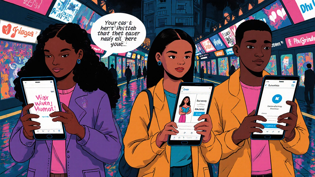 Trois jeunes adultes sur un métro parisien, chacun regardant une appli de rencontre différente, ambiance urbaine animée.