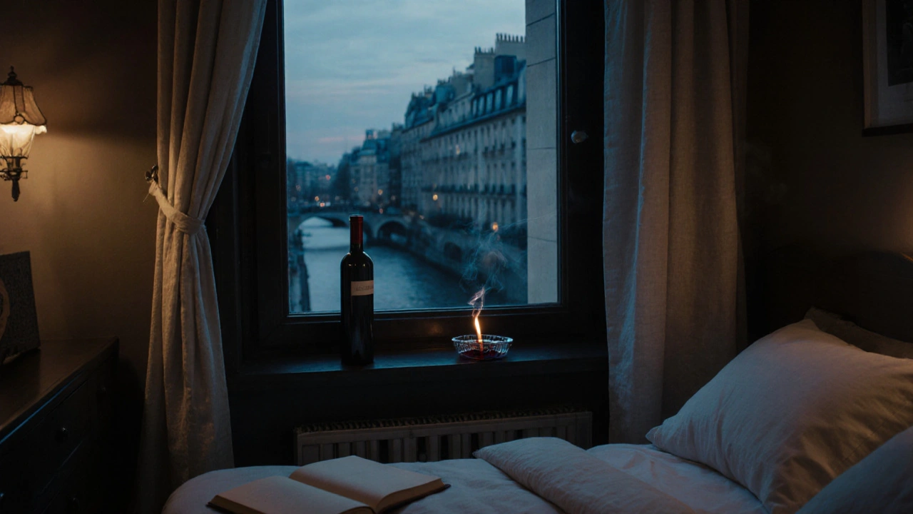 Un appartement du Marais au crépuscule, avec une bouteille de vin sur le rebord de la fenêtre et une cigarette qui se consume.