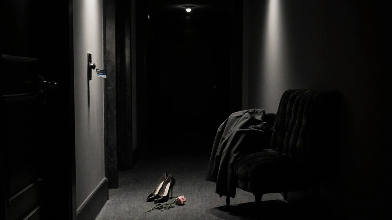 Un couloir d&#039;hôtel vide la nuit, avec des chaussures et une rose laissées près d&#039;une porte fermée.