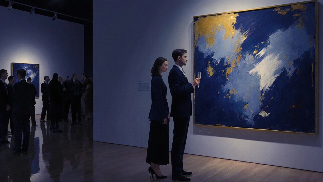 Un couple admire une œuvre d&#039;art contemporaine lors d&#039;une soirée d&#039;exposition au Palais de Tokyo, dans une atmosphère intime et élégante.