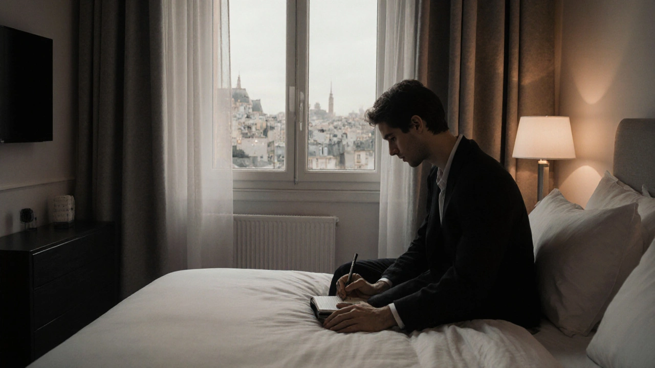 Un couple dans une chambre d&#039;hôtel design à Paris, écrivant leurs désirs et limites côte à côte, dans une atmosphère calme et intime.