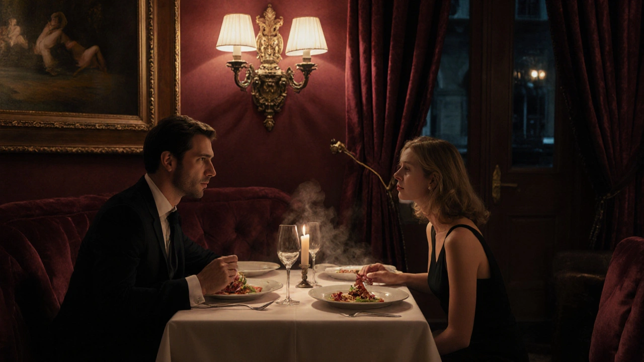 Un couple dîne en intimité dans un restaurant chic, avec une salle privée en arrière-plan.