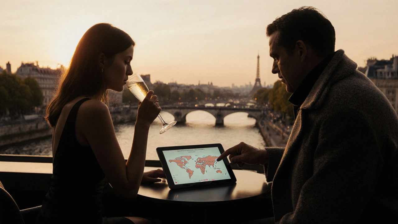 Un couple élégant discutant intensément sur un toit à Paris, entouré de luxe et de voyages internationaux.