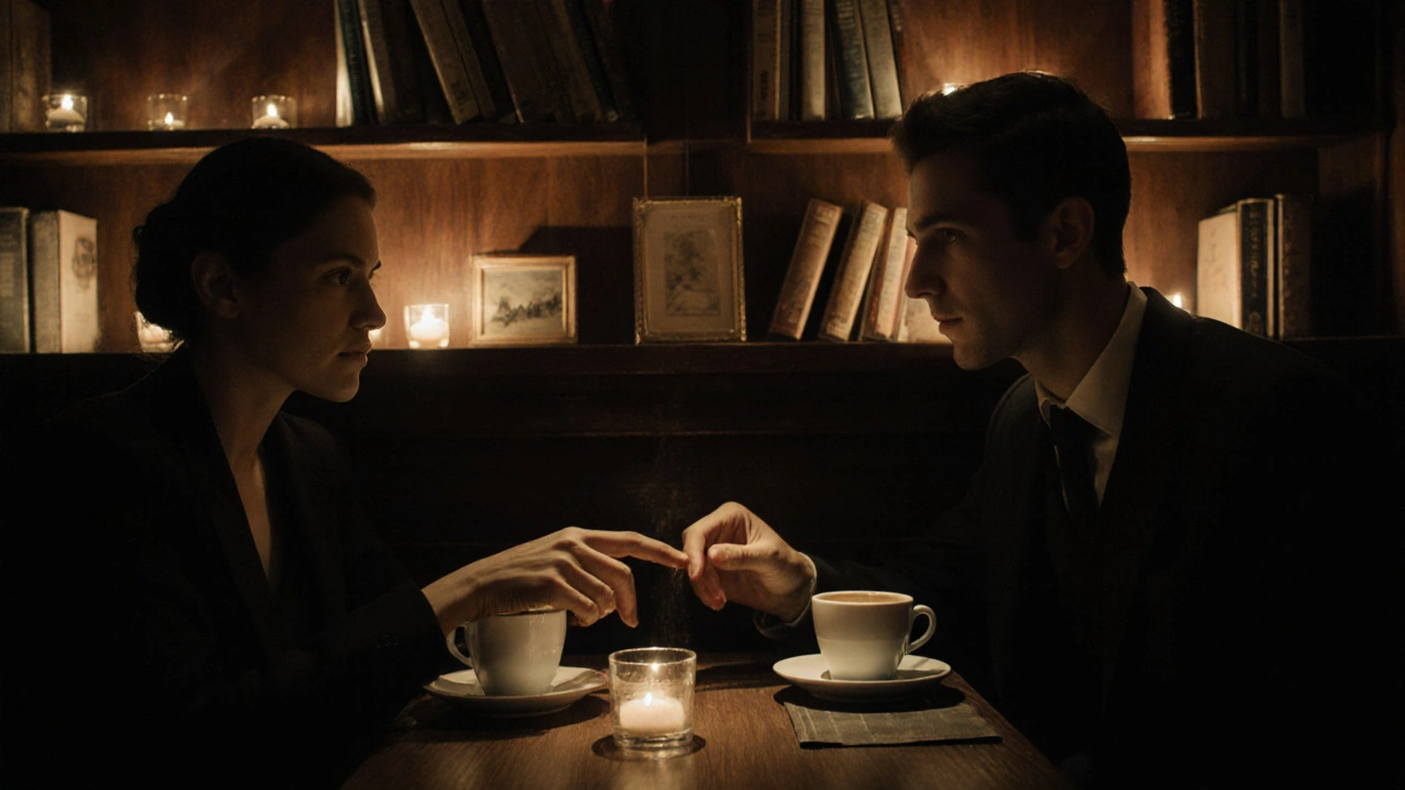 Un couple partageant un café tranquille à La Caféothèque, leurs doigts presque en contact sous la lumière tamisée.