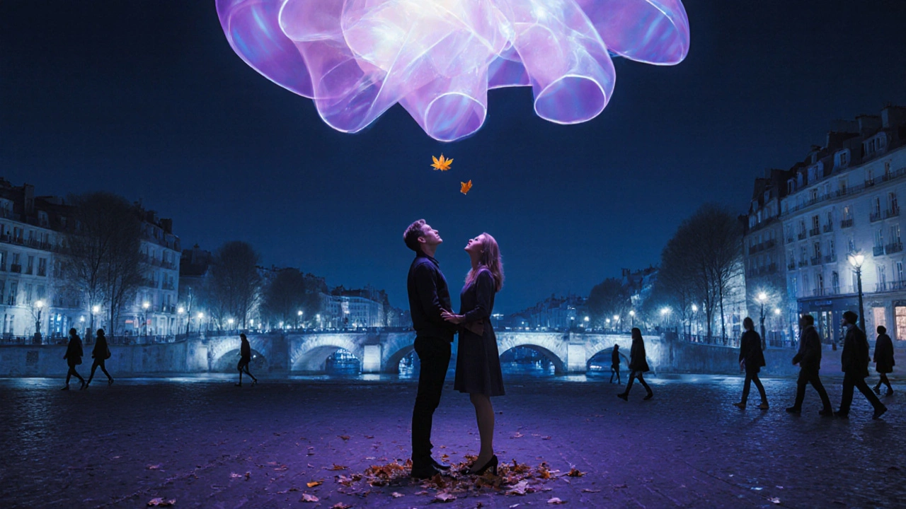 Un couple sous une installation lumineuse pendant la Nuit Blanche, ville éclairée en bleu et violet, feuille flottant entre eux.