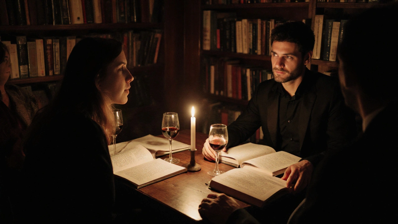 Un groupe d&#039;amis discute doucement autour d&#039;un livre érotique dans une librairie parisienne, éclairés par des bougies.