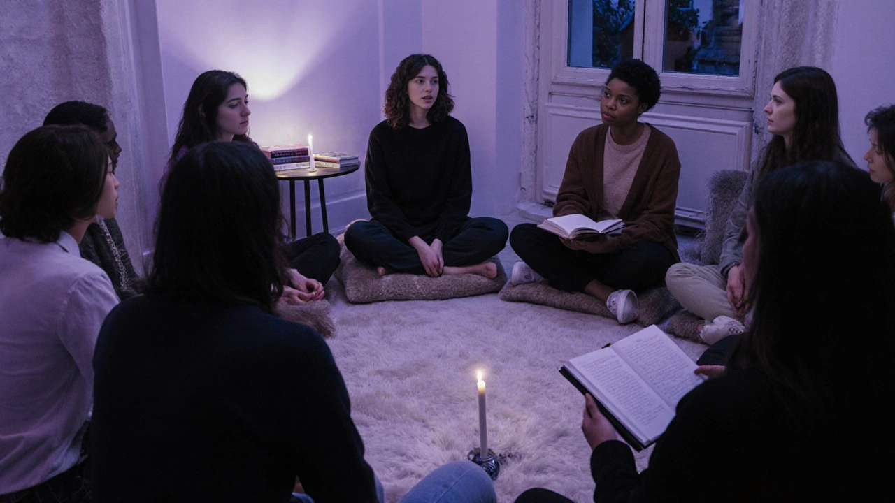 Un groupe d&#039;individus dans une soirée de lecture érotique, assis en cercle sous une lumière douce, dans un cadre apaisant.