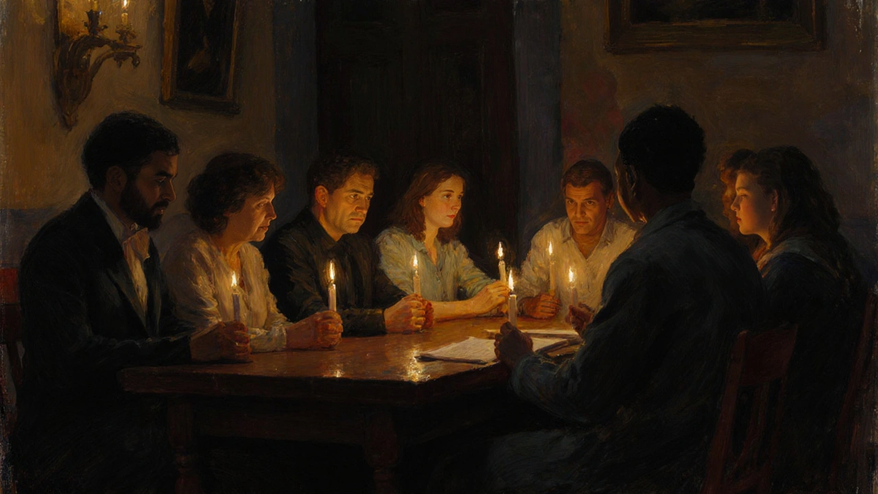 Un groupe de personnes assises autour d&#039;une table avec des bougies, dans une soirée érotique discrète à Montmartre.