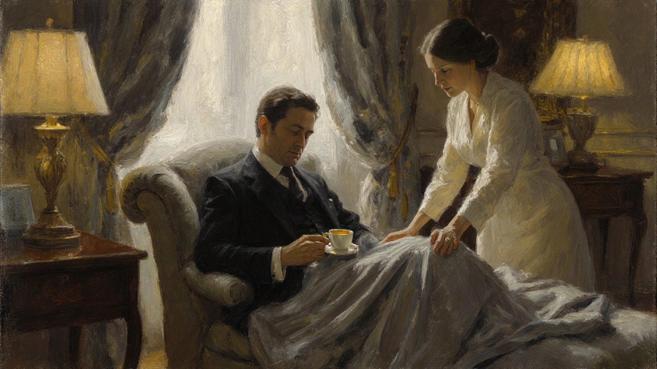 Un homme assis, couvert d&#039;une couverture, reçoit une attention douce d&#039;une femme dans une suite luxueuse.