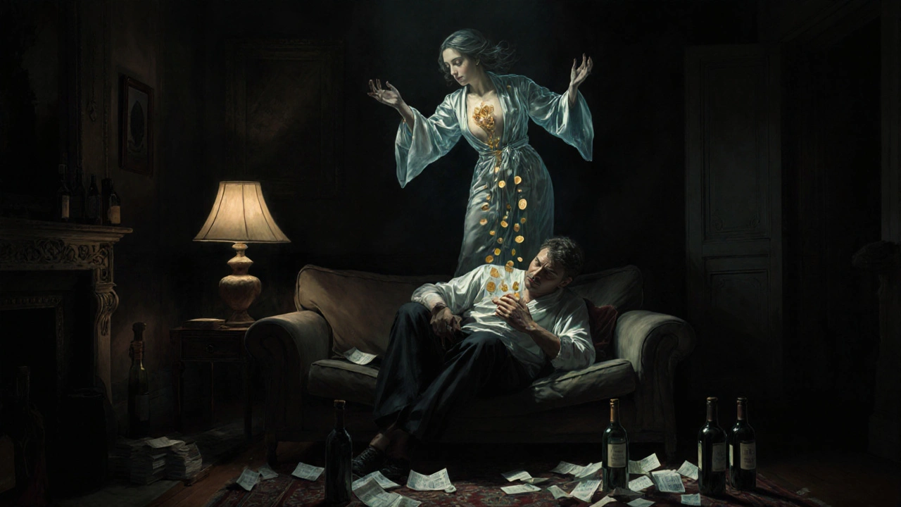 Un homme assis dans un salon parisien, une ombre transparente lui vole des pièces d&#039;or du cœur.