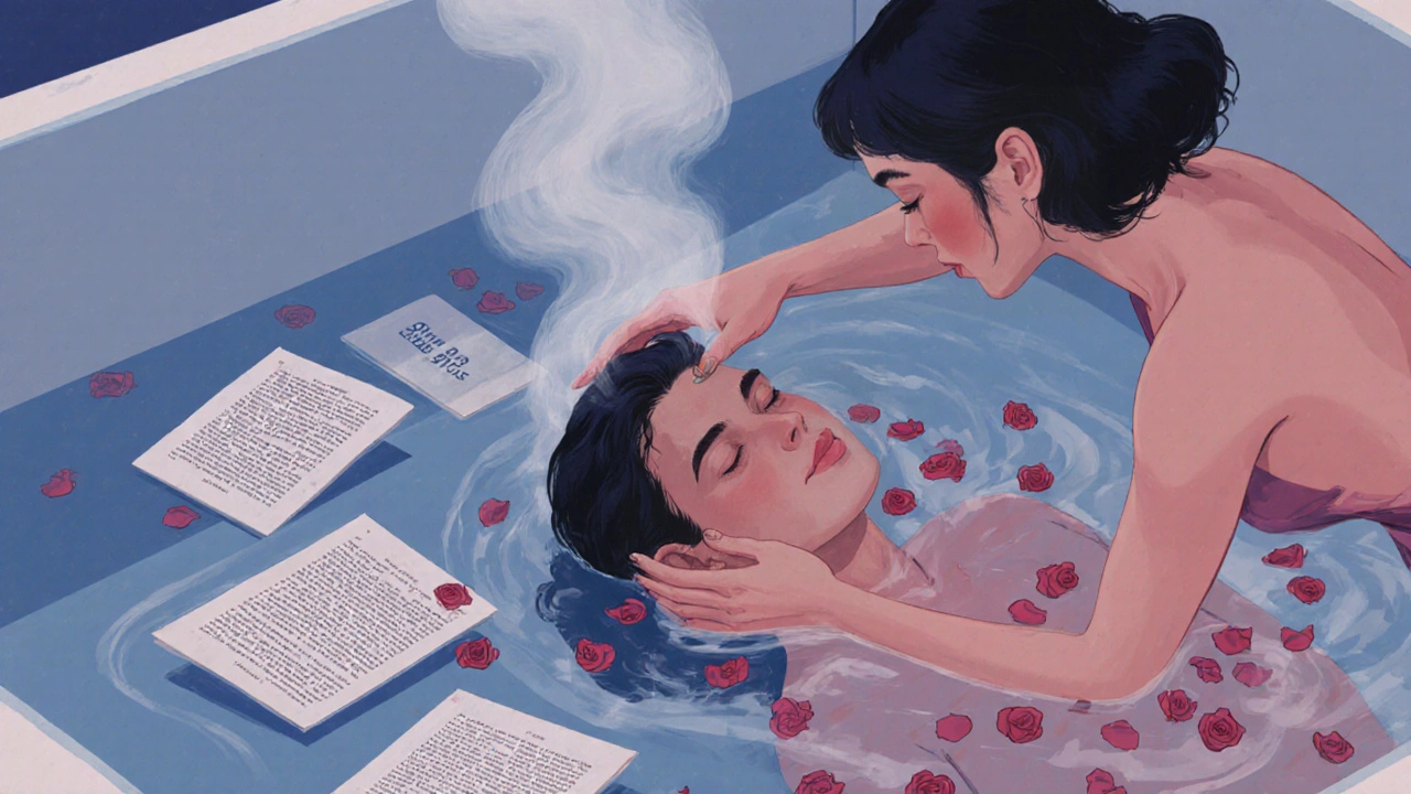 Un homme dans un bain de pétales de rose, une femme le caresse, son reflet se transforme en pages littéraires.