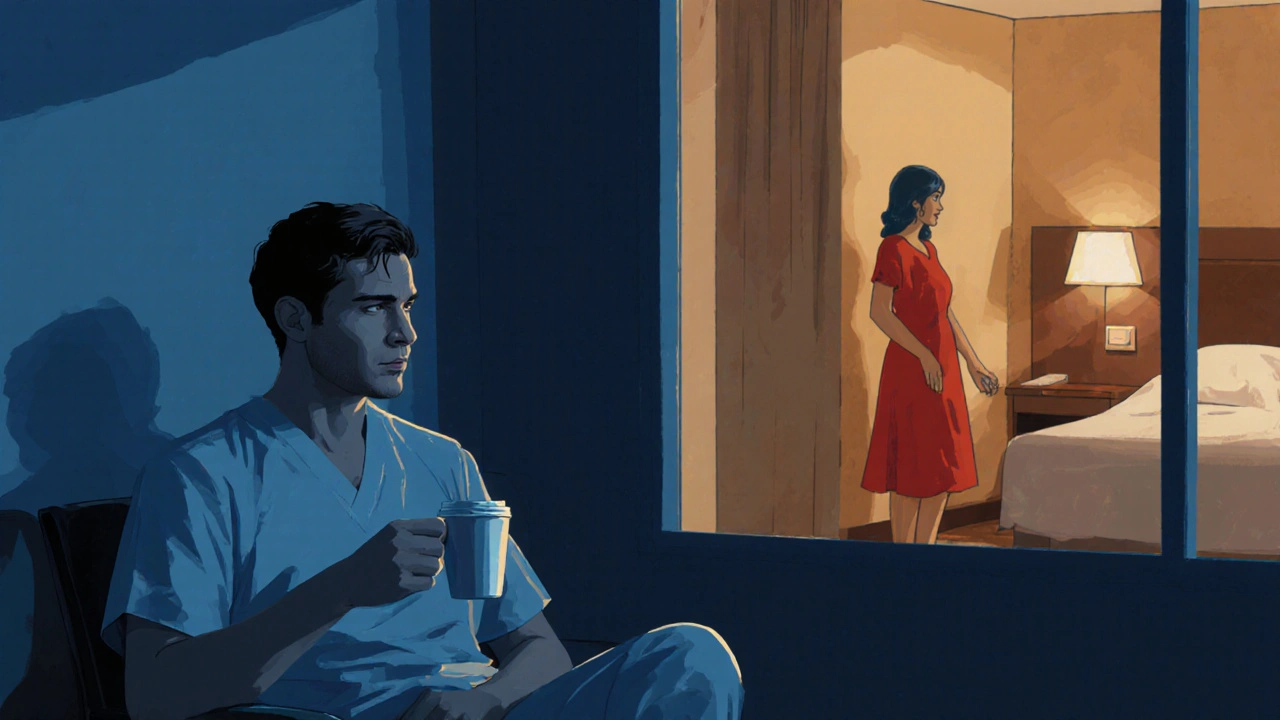 Un homme dans une salle d&#039;attente d&#039;hôpital, son reflet montre une scène d&#039;intimité dans une chambre d&#039;hôtel.