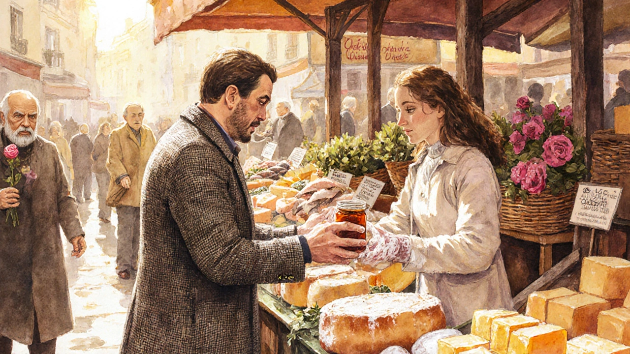 Un homme et une femme au marché d&#039;Aligre, elle lui tend une confiture, étals de fromage et de fruits frais derrière eux.