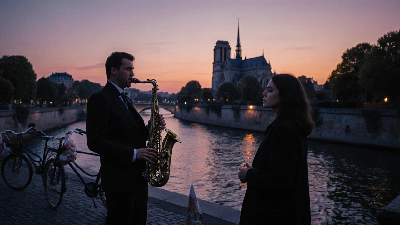Un homme joue du saxophone sur les quais de la Seine à la tombée de la nuit, une femme l&#039;écoute, reflets de la rivière et ciel orangé.